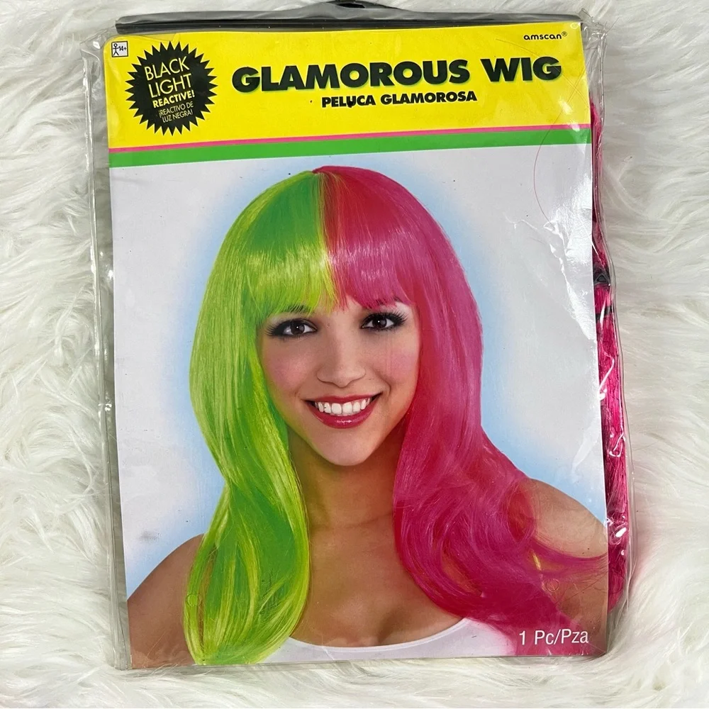 Glam Neon pink and green Wig Black Light Reactive Colors NEW costume Halloween